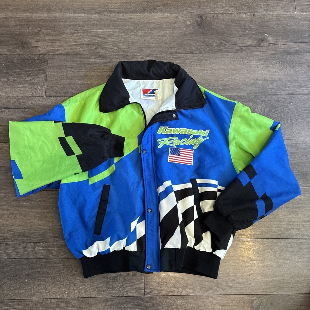 VTG 90s Kawasaki Racing Jacket Made USA Swingster Sz LG Blue Green RARE Moto HTF